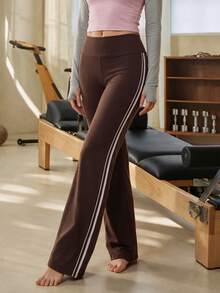 Eassivo Eassivo 1Pc Women's Minimalist Elastic Straight Wide-Leg Sports Pants, High Waist V-Shaped Butt Lifting Design, Suitable For Spring And Summer - Brown - View 1