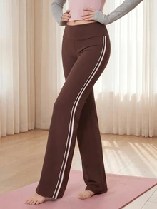 Eassivo Eassivo 1Pc Women's Minimalist Elastic Straight Wide-Leg Sports Pants, High Waist V-Shaped Butt Lifting Design, Suitable For Spring And Summer - Brown - View 5