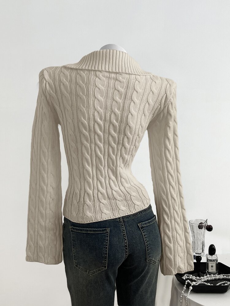 Elamini Fashionable Loose Cable Knit Long Sleeve Casual Sweater For Women - Khaki - View 2