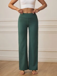 SHEIN Sports 1Pc Women's Minimalist Elastic Straight Wide-Leg Sports Pants, High Waist V-Shaped Butt Lifting Design, Suitable For Spring And Summer - Dark Green - View 6