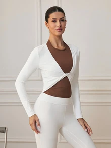 SHEIN Sports Solid Color Twisted Knot Long Sleeve Slim Fit Sports T-Shirt - Multicolor - View 3