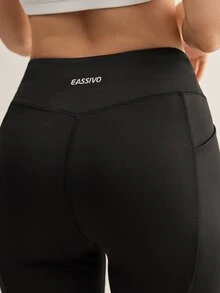 Eassivo Eassivo 女款素色印花口袋慢跑褲，彈性腰帶束口運動長褲，休閒健身日常穿搭 - 黑色 - 查看 5