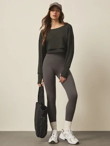 Eassivo Eassivo Women's Solid Color 2 In 1 Drop Shoulder Long Sleeve Sweatshirt - Black - View 8
