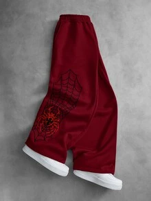 Manfinity Hypemode 男士街頭風十字蜘蛛與蜘蛛網毛巾刺繡圖案運動長褲，送給男友/丈夫的週年紀念禮物 - 酒紅色 - 查看 3
