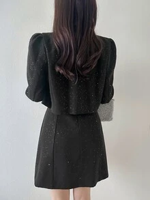 FRIFUL Women's Autumn Elegant Cropped Jacket & Rhinestone Embellished Dress 2 Pieces Set - Black - View 6