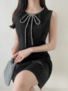 FRIFUL Women's Autumn Elegant Cropped Jacket & Rhinestone Embellished Dress 2 Pieces Set - Black - View 8