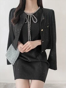 FRIFUL Women's Autumn Elegant Cropped Jacket & Rhinestone Embellished Dress 2 Pieces Set - Black - View 9