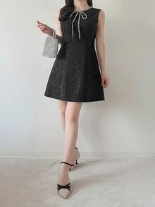 FRIFUL Women's Autumn Elegant Cropped Jacket & Rhinestone Embellished Dress 2 Pieces Set - Black - View 4