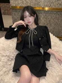 FRIFUL Women's Autumn Elegant Cropped Jacket & Rhinestone Embellished Dress 2 Pieces Set - Black - View 1
