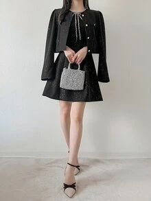 FRIFUL Women's Autumn Elegant Cropped Jacket & Rhinestone Embellished Dress 2 Pieces Set - Black - View 5