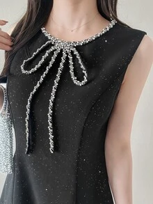 FRIFUL Women's Autumn Elegant Cropped Jacket & Rhinestone Embellished Dress 2 Pieces Set - Black - View 2