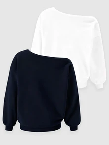 SHEIN 青少年女孩 2件組 抓絨秋季服飾 休閒可愛街頭風 內層保暖 斜肩長袖衛衣套裝 日常穿著 寬鬆 Y2K 黑白 - 彩色 - 查看 4