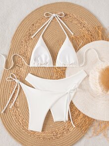 Elavelle 3pcs/Set Women Solid Color Halter Neck Bikini Set For Summer Beach Vacation - White - View 3