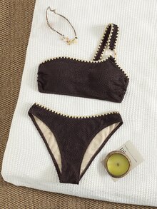 Bonvoyette Women's Spring/Summer Brown Knit Jacquard Shell Scalloped Edge One-Shoulder Metal Decor Elegant Fashion Bikini Set - Mocha Brown - View 6