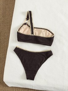 Bonvoyette Women's Spring/Summer Brown Knit Jacquard Shell Scalloped Edge One-Shoulder Metal Decor Elegant Fashion Bikini Set - Mocha Brown - View 2