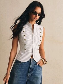 Poéselle Women's Striped Zipper Placket Button Design Vest Jacket - White - View 5