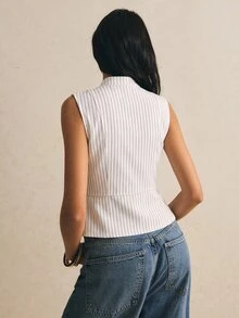 Poéselle Women's Striped Zipper Placket Button Design Vest Jacket - White - View 2