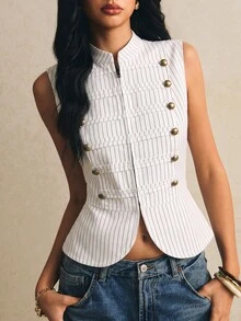 Poéselle Women's Striped Zipper Placket Button Design Vest Jacket - White - View 9