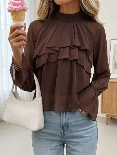 Easowa Women's Solid Color Stand Collar Raglan Long Sleeve Patchwork Ruffle Elegant Blouse