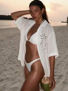 Swim Vcay 白色夏季波西米亞度假風優雅女款編織椰子樹圖案短袖泳裝和服罩衫，海灘度假適用 - 白色 - 查看 3