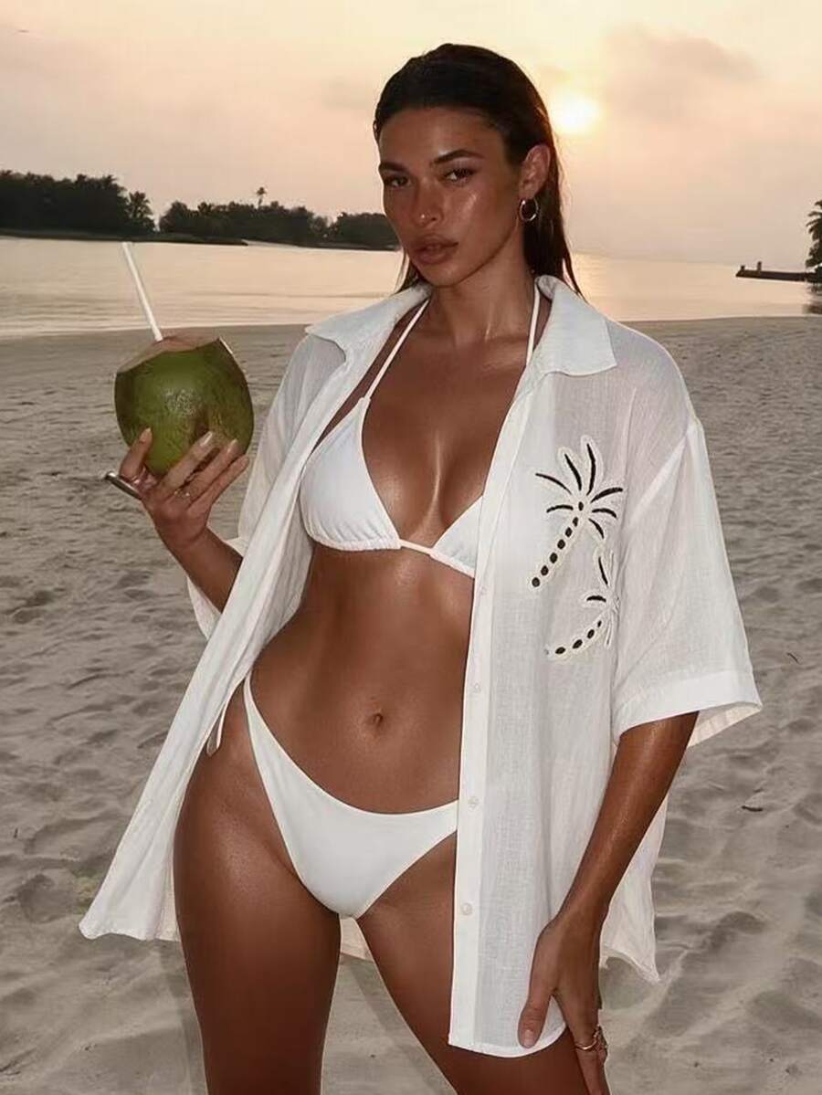 Swim Vcay 白色夏季波西米亞度假風優雅女款編織椰子樹圖案短袖泳裝和服罩衫，海灘度假適用