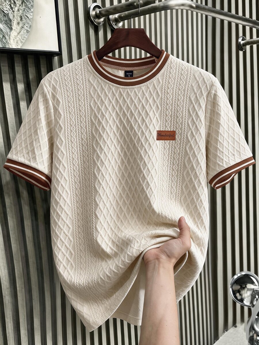SERO LANO Men's Cream Textured Short Sleeve T-Shirt, Contrast Trim Crew Neck Tee, Old Money Smart Casual Top - Apricot - View 1