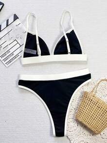 Costavie Springbreak Colorblock Trim Bikini Swimwear - Black and White - View 3