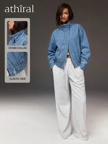 Athîral Denim Women's Long Sleeve Zipper Front Casual Denim Jacket - Medium Wash - View 6