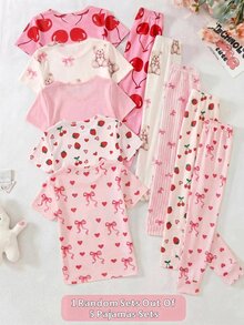 SHEIN Tween Girls Digital Print Fruit Pattern Cartoon Cute Comfortable Loungewear Snug Fit, 1 Random Sets Out Of,5 Pajamas Sets - Multicolor - View 2