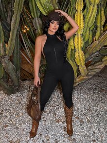 SHEIN SXY 黑色性感露背吊带拉链连体裤 - 黑色 - 查看 7