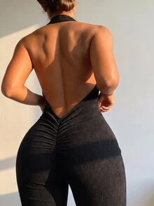 SHEIN SXY 黑色性感露背吊带拉链连体裤 - 黑色 - 查看 3