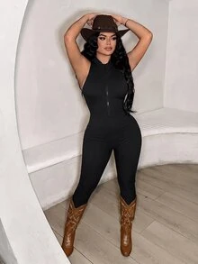 SHEIN SXY 黑色性感露背吊带拉链连体裤 - 黑色 - 查看 8