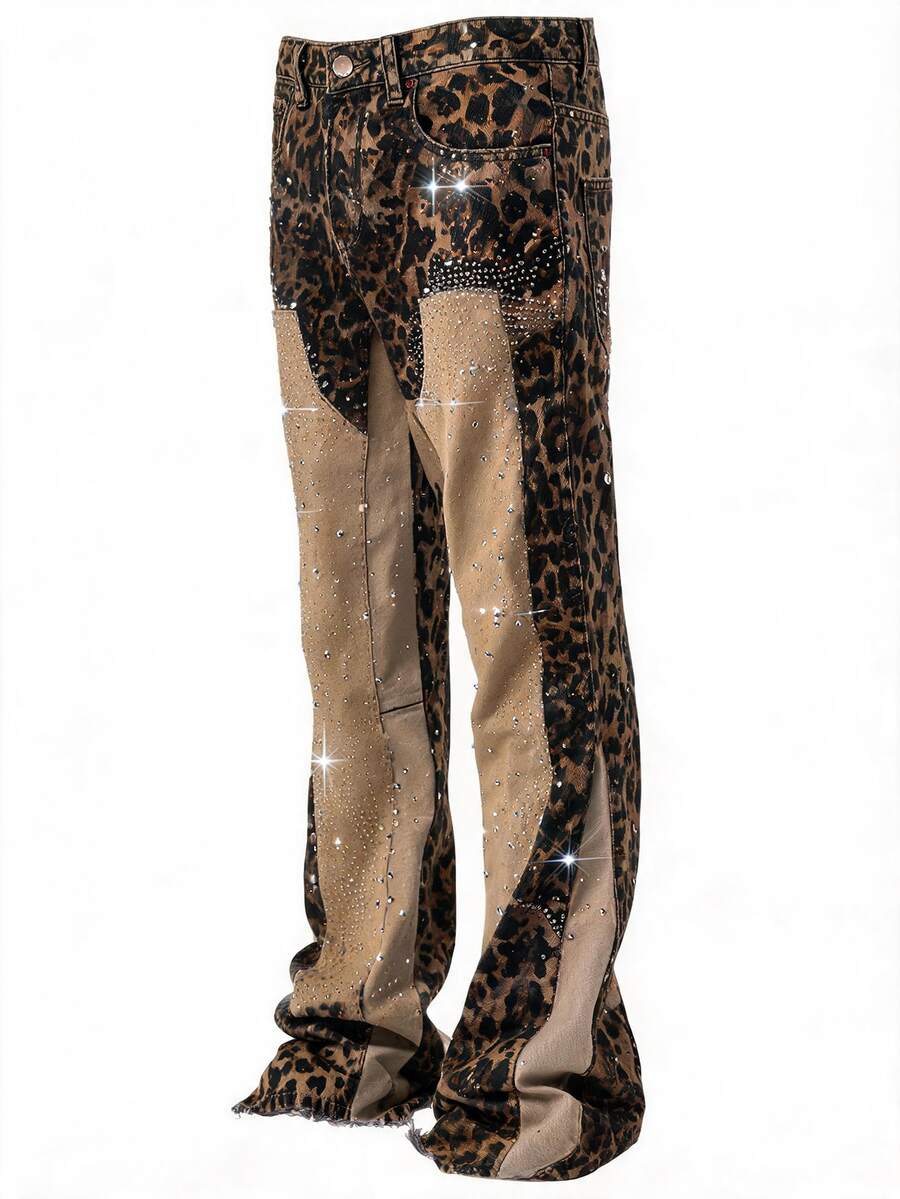 ROMWE MEN Street Life Men's Leopard Print Rhinestone Pocket Casual Denim Jeans - Multicolor - View 1