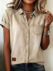 EMERY ROSE Women's Summer Casual Commuting Short Sleeve Patchwork Pocket Shirt - Multicolor - View 3