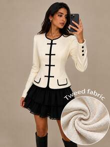 Modelyn Elegant Black & Apricot Contrast Color New Chinese Style Frog Button Waist-Cinching Short Wool Blend Commuter Daily Women's Jacket - Apricot - View 2