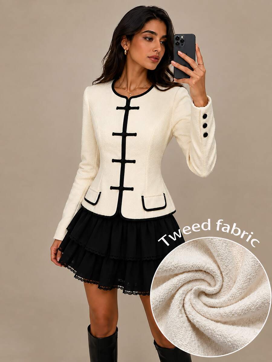 Modelyn Elegant Black & Apricot Contrast Color New Chinese Style Frog Button Waist-Cinching Short Wool Blend Commuter Daily Women's Jacket