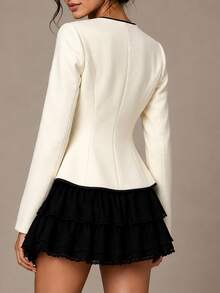 Modelyn Elegant Black & Apricot Contrast Color New Chinese Style Frog Button Waist-Cinching Short Wool Blend Commuter Daily Women's Jacket - Apricot - View 3