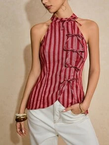 Poéselle 女士粉白条纹露背蝴蝶结束身背心，夏季优雅早午餐 100% 纯棉不对称下摆 Y2K 街头时尚上衣 - 紅色 - 查看 7