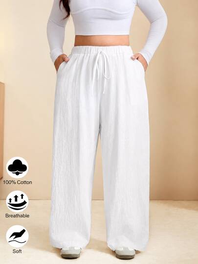 SHEIN LUNE CURVE Women's Cotton Linen Loose Wide Leg Elastic Waist Casual Lounge Pants Fall