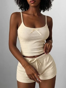Livesso 女款蝴蝶結裝飾細肩帶上衣與短褲休閒居家服套裝 - 米色 - 查看 3