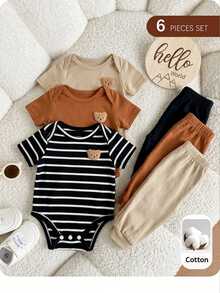6pcs/Set Newborn Baby Boy Baby Girl Clothes,Summer Black Cute Family Matching Neutral Striped Star Romper With Knit Top And Pants Infant Outfits - Multicolor - View 1
