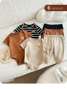 6pcs/Set Newborn Baby Boy Baby Girl Clothes,Summer Black Cute Family Matching Neutral Striped Star Romper With Knit Top And Pants Infant Outfits - Multicolor - View 5
