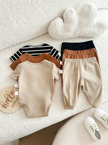 6pcs/Set Newborn Baby Boy Baby Girl Clothes,Summer Black Cute Family Matching Neutral Striped Star Romper With Knit Top And Pants Infant Outfits - Multicolor - View 6
