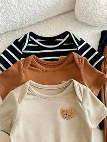 6pcs/Set Newborn Baby Boy Baby Girl Clothes,Summer Black Cute Family Matching Neutral Striped Star Romper With Knit Top And Pants Infant Outfits - Multicolor - View 8