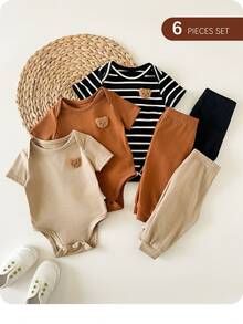 6pcs/Set Newborn Baby Boy Baby Girl Clothes,Summer Black Cute Family Matching Neutral Striped Star Romper With Knit Top And Pants Infant Outfits - Multicolor - View 4