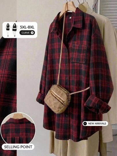 SHEIN CURVE+ قميص كاجوال بأسلوب فليبر من العشرينات بمقاس كبير، بنقشة مربعات وأزرار أمامية، للارتداء اليومي، شتاء 2026، 22W، هالوين والخريف