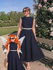 SHEIN MOD Plus Size Long Vintage Polka Dot Dress With Belt, Brown - Navy Blue - View 6