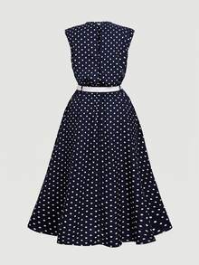 SHEIN MOD Plus Size Long Vintage Polka Dot Dress With Belt, Brown - Navy Blue - View 3
