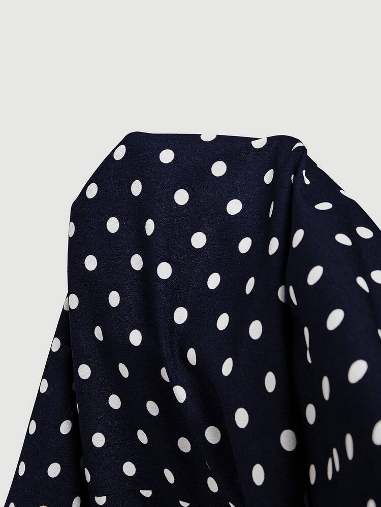 SHEIN MOD Plus Size Long Vintage Polka Dot Dress With Belt, Brown - Navy Blue - View 7