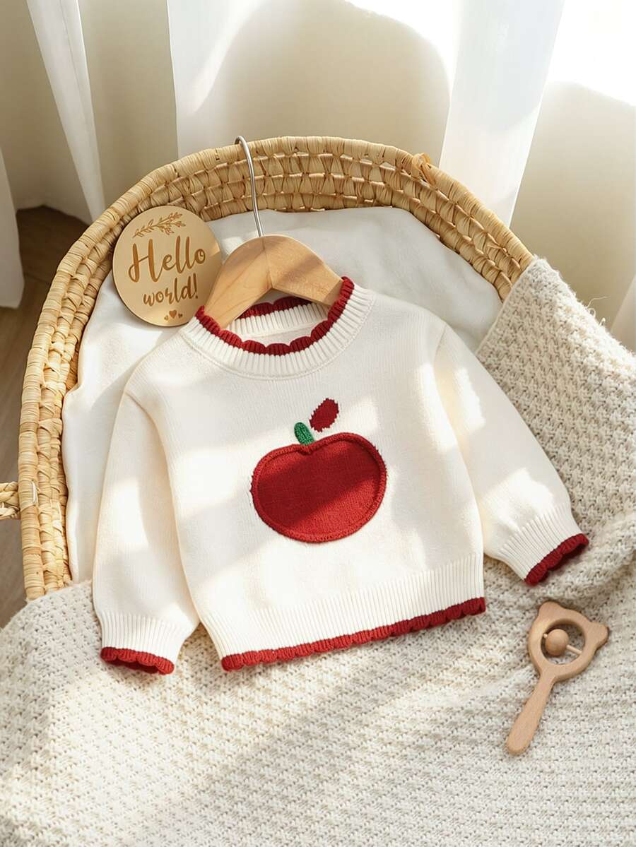SHEIN كنزة صوفية محبوكة أنيقة وجميلة للفتيات الرضع، تطريز حبل التفاح، أكمام طويلة بتصميم كتل لونية وياقة دائرية - الأحمر - مشاهدة 1